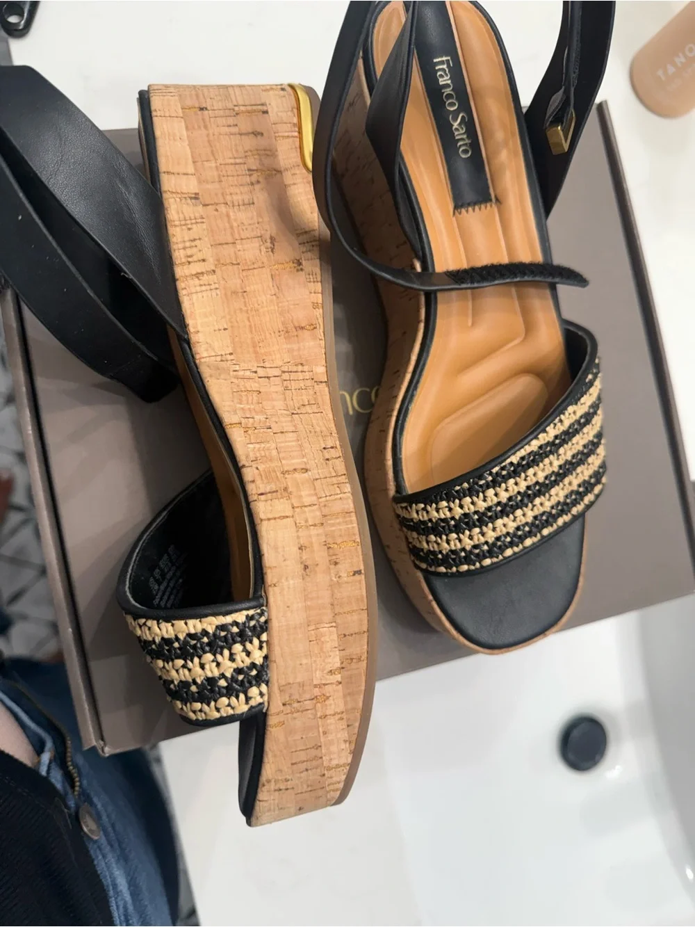 Franco Sarto Black & Natural Woven Cork Platform Sandals